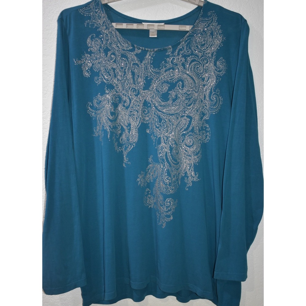 Cj Banks 2X Teal Blue Silver Glitter Paisley Long Sleeve Scoop Neck Top